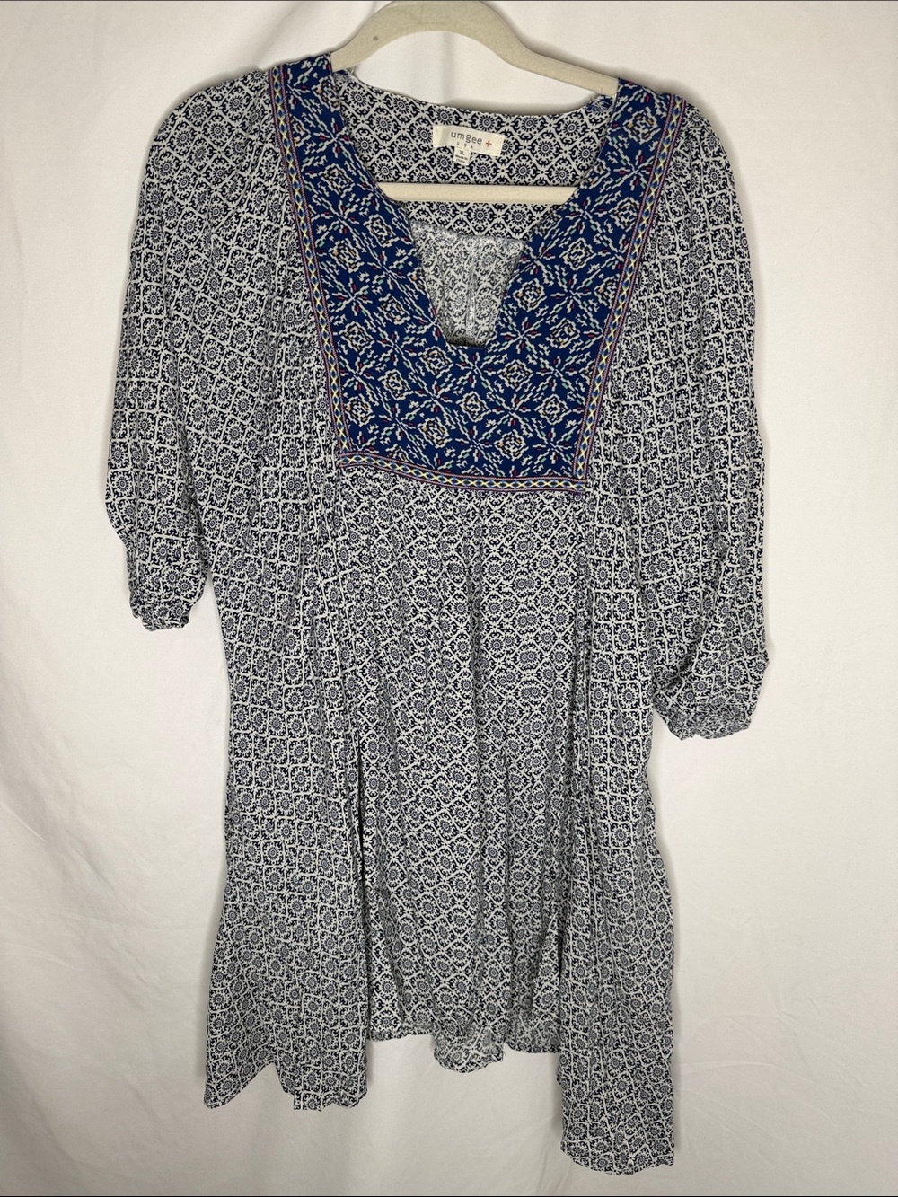 Umgee Navy and White Printed Tunic with Embroidered V-Neck